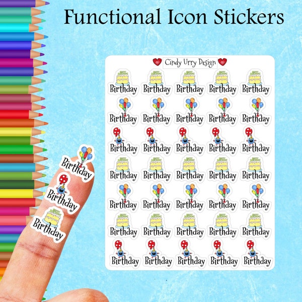 Birthday Cute Functional Icon Reminder Stickers, Planner, Bullet Journal, Calendar Reminder, Kawaii Cake Balloon Monster, Art by Cindy Urry