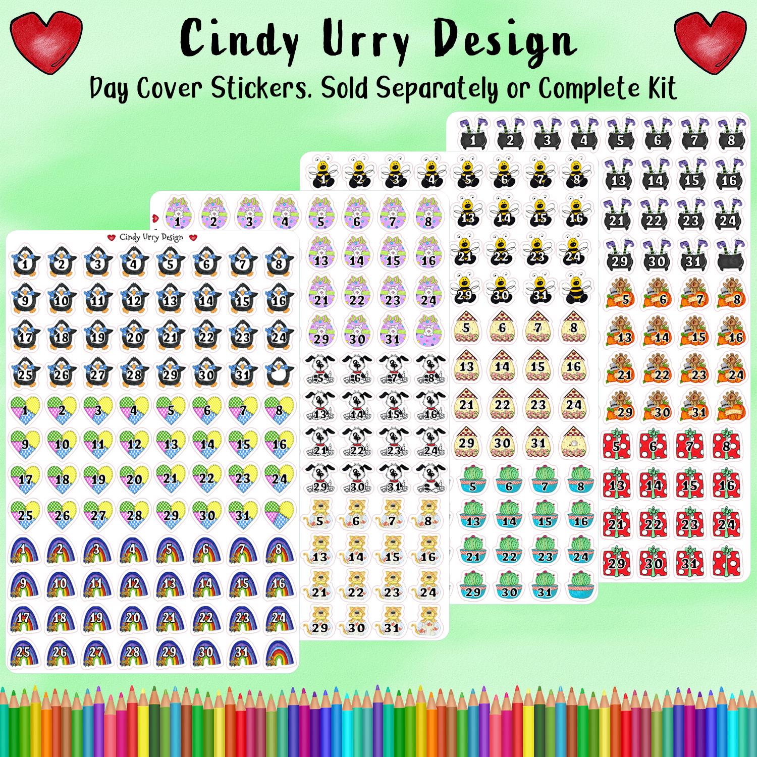 12 Month Day/Date cover Fun Pack. Tiny decorative day cover up for calendar, planner journal, Etc. Bee rainbow cat dog penguin. Art by Cindy