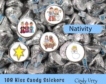 May include: 108 Nativity themed stickers for Hershey's Kisses candy. The stickers feature images of the three wise men, a star, Mary, Joseph, baby Jesus, and an angel. The stickers are ready to peel and stick.