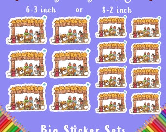 Nativity Big Sticker Set. Manger, Animals Shepards. 2-3 inch sizes. Decorate scrapbooks, cards, planners, art projects. Artwork Cindy Urry.