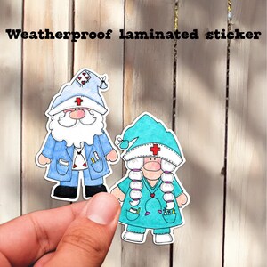 Gnome Nurses-Doctors Laminated Sticker. Girl and Boy. Weatherproof Scratchproof Decal. Drink Container, Laptop, Car. Art by Cindy Urry.