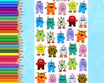 May include: A sheet of colorful monster stickers with various designs and colors. The stickers are on a white background with the text "Decorative Sticker Collection" at the top. The stickers are in a variety of colors, including blue, orange, green, and pink.