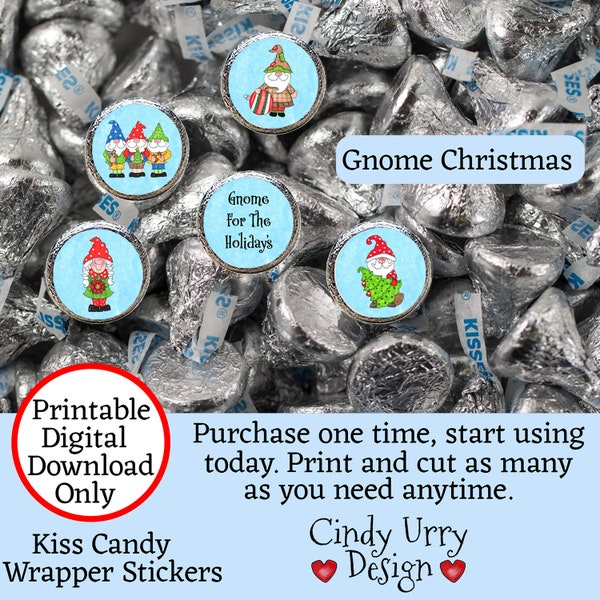 Gnome Holiday Chocolate Kiss Sticker, Individually Wrapped Candies, Digital-Printable Party Favor, Buy and Use Today. Art by Cindy Urry