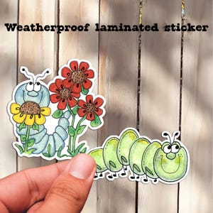 Caterpillars Vinyl Laminated Sticker. Weatherproof Scratchproof Decal, Drink Container, Car, Laptop Decal. Flower Caterpillar Art Cindy Urry