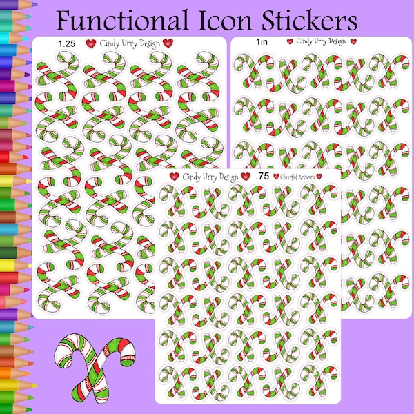 Candy Canes Cute Functional Icon Reminder Stickers, Planner, Bullet Journal, Calendar Reminder, Kawaii icon sticker, Art by Cindy Urry