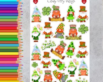 St Patrick's Day Gnomes Sticker Sheet: Hand Drawn Art
