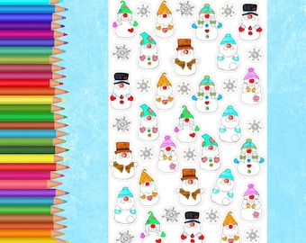 Könnte beinhalten: Eine Bogen mit bunten Schneemann-Aufklebern in verschiedenen Designs und Posen. Die Aufkleber sind perfekt, um Bastelarbeiten, Geschenken und der Inneneinrichtung einen festlichen Touch zu verleihen.