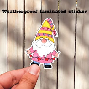 Love Gnome Valintine Laminated Sticker. Weatherproof Scratchproof Decal. Drink Container, Car, Laptop, Valentines Day. Art by Cindy Urry.
