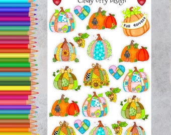 Patchwork pumpkins whimsical design. For planner, journal, crafts and more. Art by Cindy Urry
