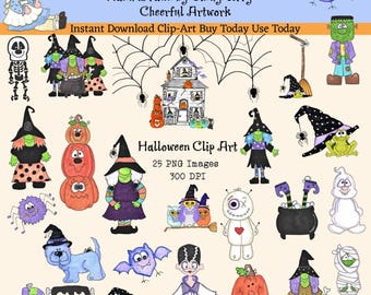 Hand Drawn Halloween Clip Art: 25 PNG Images (Digital Files). Artwork by Cindy Urry
