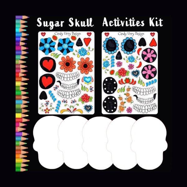 Sugar Skull Activity Kit. Día de los Muertos, Day of the Dead, Skull Element Stickers and 5 Cardstock Blank Skulls. Art by Cindy Urry.