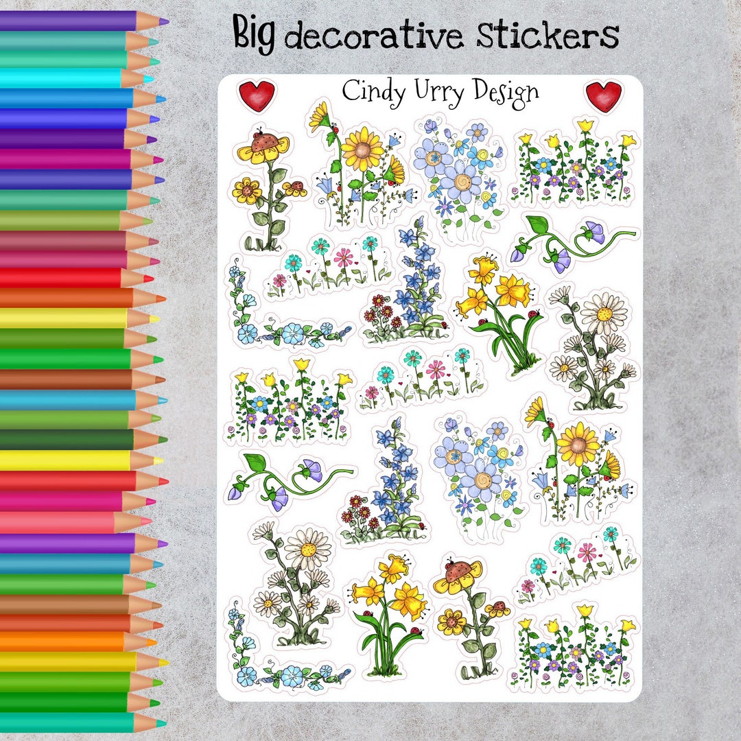 Floral Stickers: Hand-drawn Colorful Flower Decals for Journal Planner ...
