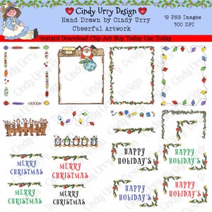 May include: A collection of Christmas-themed clip art, including frames, borders, and text elements. The designs feature Santa Claus, reindeer, penguins, and festive text like "Merry Christmas" and "Happy Holidays." The artwork is hand-drawn with a cheerful style.