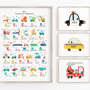 Transport Wall Art, Transportation Gallery Wall Set, Vehicle Alphabet Poster Set of 4, Alphabet Poster, Can Be Personalised.