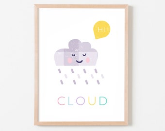 Cloud Nursery Art, Pastel Nursery Decor, Personalized Baby Girl Nursery Wall Prints, Kids Room Art, Cute Baby Girl Print, Raindrop Print