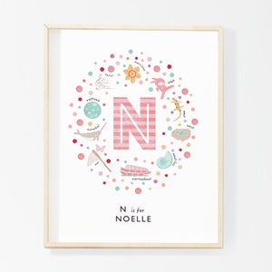 Lámina de arte para guardería con la letra N, idea de regalo con el nombre de un bebé recién nacido, decoración personalizada para habitación de niña, guardería con lunares