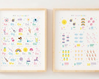 Girls Alphabet Art Prints, Pastel Nursery Decor, Alphabet and Numbers Prints, Set of 2, Sunshine & Rainbows, Can Be Personalised