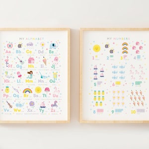 Girls Alphabet Art Prints, Pastel Nursery Decor, Alphabet and Numbers Prints, Set of 2, Sunshine & Rainbows, Can Be Personalised