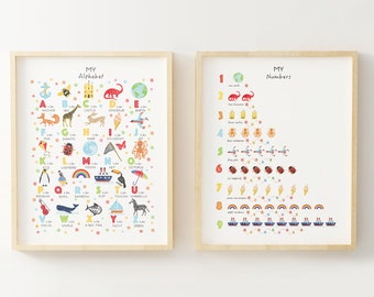 May include: Two framed educational posters for children. The left poster features a colorful alphabet with illustrations for each letter. The right poster features numbers 1-9 with illustrations for each number.