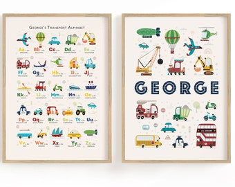 Boy's Vehicles Alphabet & Personalised Name Print Duo,  Set of 2 Prints, Transport Alphabet Prints, Custom Name Sign, Car Nursery Decor