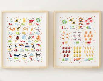 May include: Two framed educational posters for children. The left poster features the alphabet with colorful illustrations for each letter. The right poster features numbers 1-10 with colorful illustrations for each number.