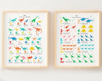 Bright Dinosaur Print Set of Two, Alphabet and Numbers Nursery Art,  Great Gift for Dinosaur Lovers, Can Be Personalised