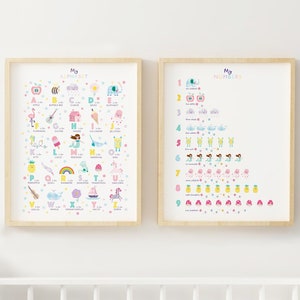 Girls Nursery Decor Numbers & Alphabet Nursery Art Prints Cute Nursery Wall Art Set of 2 Prints Alphabet Poster Baby Girl Gift Personalised