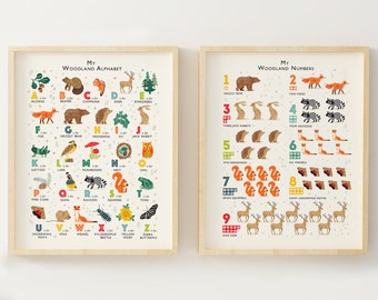 Woodland Alphabet Print Set, Forest ABC and Numbers Nursery Art Set, A Great Gift for Nature Lovers, Can Be Personalised