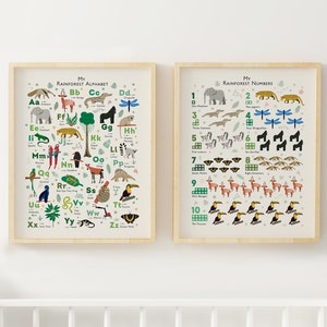 Set di due stampe per bambini della giungla, stampa dell'alfabeto della foresta pluviale e numeri, stampa artistica da parete per bambini, stampa tropicale/botanica, personalizzabile