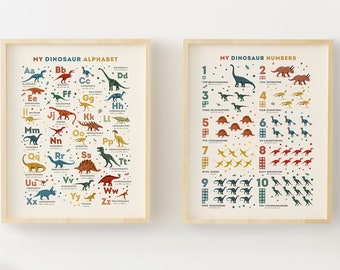 Dinosaur Alphabet & Numbers Wall Art Set,  Gift for Kids, Dinsoaur Nursery Decor, Nursery Prints for Kids, Set of 2 Prints