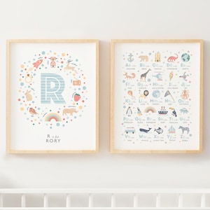 Juego de 2 impresiones personalizadas para habitación de niños, impresión del alfabeto y impresión de nombre personalizado, decoración de habitación de niños