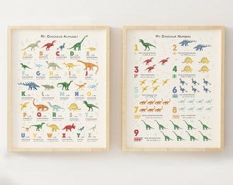 Dinosaur Prints Duo, Alphabet and Numbers Nursery Art Set,  Great Gift for Dinosaur Lovers, Can Be Personalised