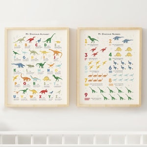 Dinosaur Prints Duo, Alphabet and Numbers Nursery Art Set,  Great Gift for Dinosaur Lovers, Can Be Personalised