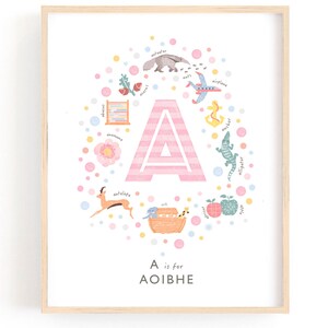 Personalised Letter A Print for Baby Girl, Pink Nursery Decor, Custom Initial Art