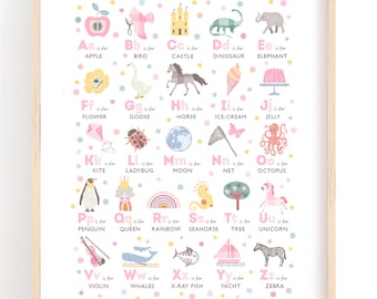 Alphabet Nursery Print for Baby Girl Nursery, Pink Nursery Wall Art, Alphabet Art for Girls Room
