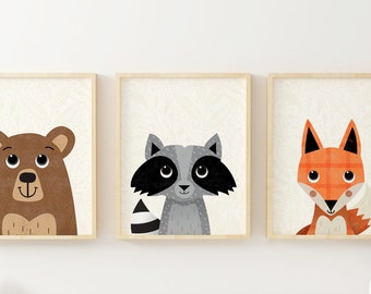 Woodland Animals Nursery Prints, Woodland Nursery Decor, Cute Bear, Fox and Racoon Wall Art, Set of 3 Prints