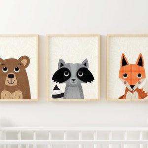 Woodland Animals Nursery Prints, Woodland Nursery Decor, Cute Bear, Fox and Racoon Wall Art, Set of 3 Prints