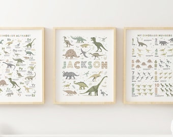 Sage Green Dinosaur Nursery Prints, Set of 3, Dino Nursery Wall Art, ABC Poster, Kids Alphabet Print, Personalised Print, Baby Shower Gift