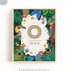Personalized Jungle Nursery Print: Rainforest Name Art, Beetle Decor