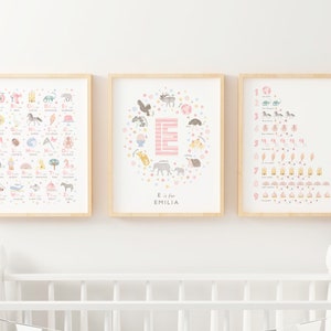 Personalised Girls Pink Nursery Print Set, Alphabet Print, Numbers Print and Personalised Name Print, Girls Room Decor Set of 3, Unframed