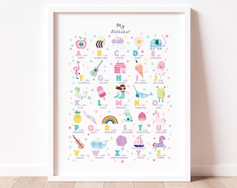 Girls Pink Pastel Alphabet Poster, Girls Bedroom Decor, Pastel Nursery Wall Art, Baby Girl Print, Cute Nursery Decor, Personalised Alphabet