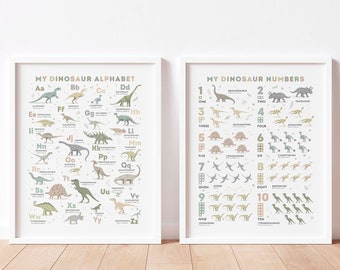 Set of 2 Dinosaurs Prints, Alphabet & Counting Wall Art Set, Dinosaurs Decor ABC and Numbers Nursery Art Set, Personalized Gift , Unframed