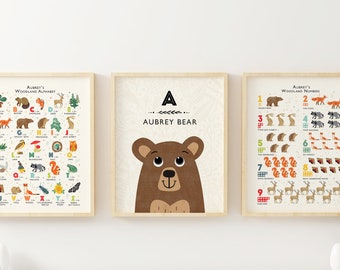 Personalised Woodland Animals Print Set, Alphabet and Numbers Wall Art, Forest Nursery Art, Perfect Gift for Woodland Decor