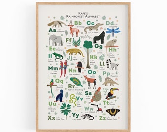 Jungle Alphabet Art Print, Tropical Rainforest Animal Nursery Wall Art, Christmas Gift Idea, Perfect First Birthday Gift