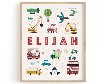 Boys Personalised Name Poster, Transport Nursery Print, Custom Vehicles Nursery Decor (Trucks, Trains, Planes), Educational Toddler Gift