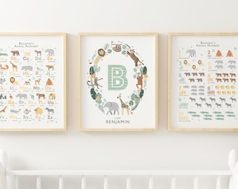 Personalised Safari Nursery Decor, Alphabet, Numbers & Name Art Prints, Jungle Nursery Wall Art, Personalized Gift, Neutral Kids Room Decor