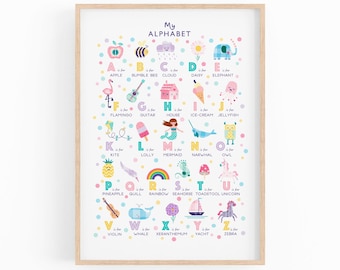 Mädchen Alphabet Print, Alphabet Poster, Kinderzimmer Wandkunst, Kinderzimmer Kunst, Baby Mädchen Print, niedliches Kinderzimmer Dekor, kann personalisiert werden