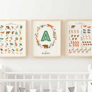 Personalised Woodland Nursery Prints, Alphabet, Numbers & Name Wall Art, Forest Nursery Decor, Personalised Gift, Nature Nursery Art