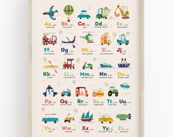 Vehicle Alphabet Printable, Transport Nursery Decor, Transportation Alphabet, Educational Poster, Boys Room Decor, Digital Download