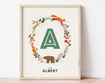 Personalised Woodland Nursery Name Print, Personalised Gift for Baby Shower or Nature Theme Kids Room, Forest Nursery Decor,Nursery Wall Art